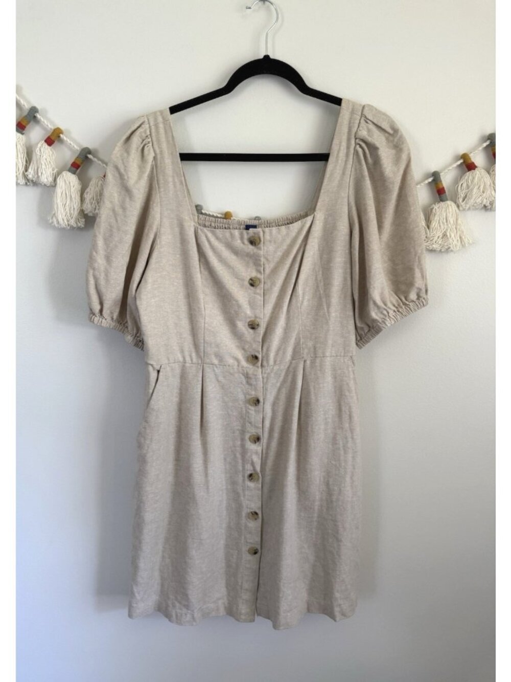 Old Navy Linen Blend Puff Sleeve Button Down Shirt Dress Neutral Boho Coastal L